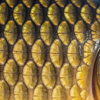 Gros plan sur les écailles larges et dispersées d'une carpe miroir