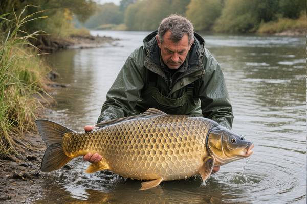 Pêcheur relâchant une belle carpe miroir